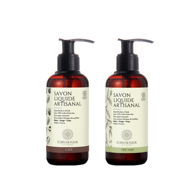 Savon liquide artisanal 2-pack (Café 1x250ml, Thé vert 1x250ml)
